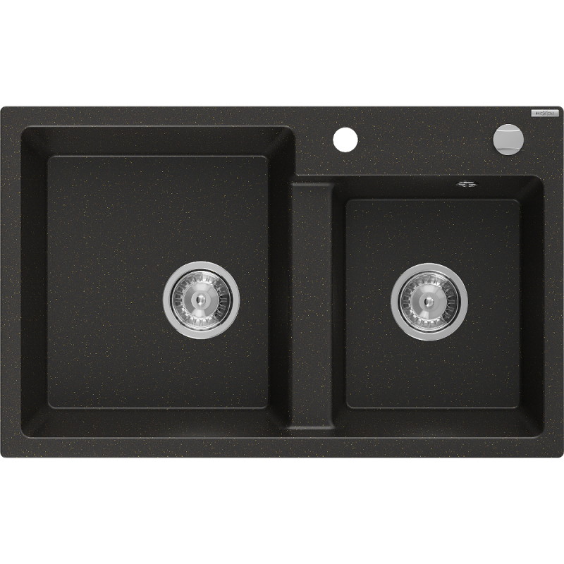 Mexen Tomas double-bowl granite sink 800 x 500 mm, black/golden metallic, chrome siphon - 6516802000-75