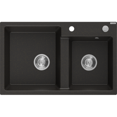Mexen Tomas double-bowl granite sink 800 x 500 mm, black/golden metallic, chrome siphon - 6516802000-75