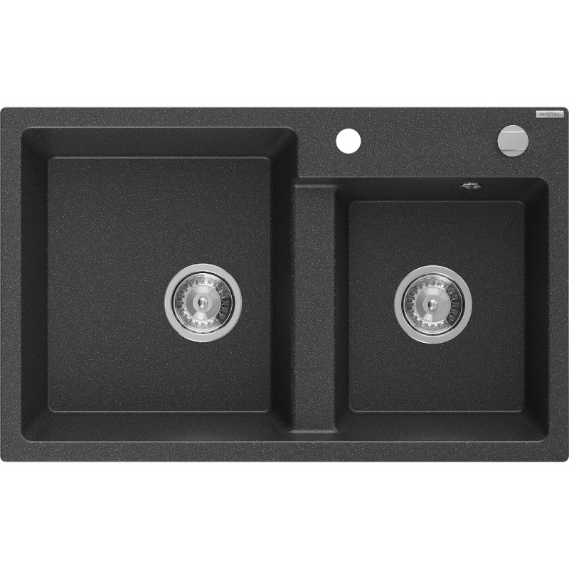Mexen Tomas granite sink 2-chamber 800 x 500 mm, black speckled, chrome siphon - 6516802000-76