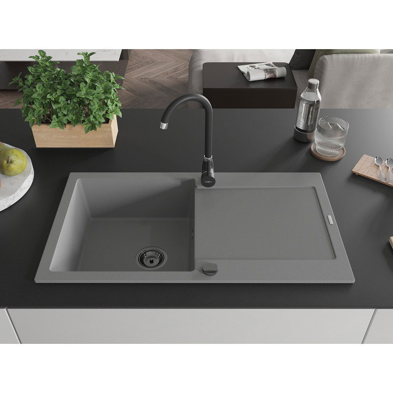 Mexen Leo 1-bowl granite kitchen sink with drainer and Telma kitchen tap, grey - 6501-71-670200-70-B