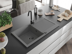 Mexen Leo 1-compartment granite sink with a drip tray and kitchen mixer tap Telma, Grey - 6501-71-670200-70-B