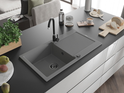Mexen Leo granite sink 1-bowl with drainer and Telma kitchen faucet, gray - 6501-71-670200-70-B