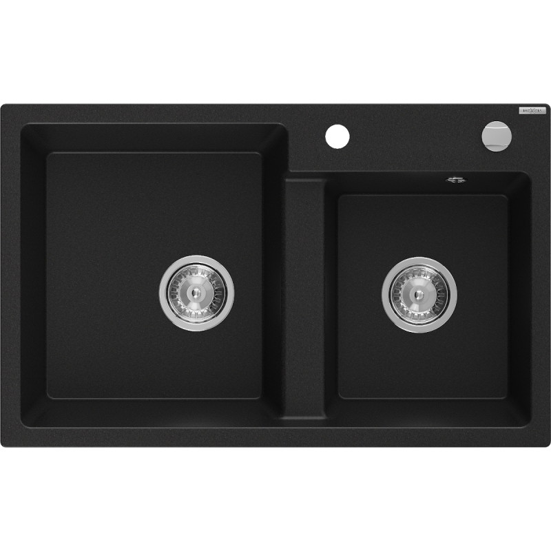 Mexen Tomas granite kitchen sink with 2 bowls 800 x 500 mm, black, chrome siphon - 6516802000-77