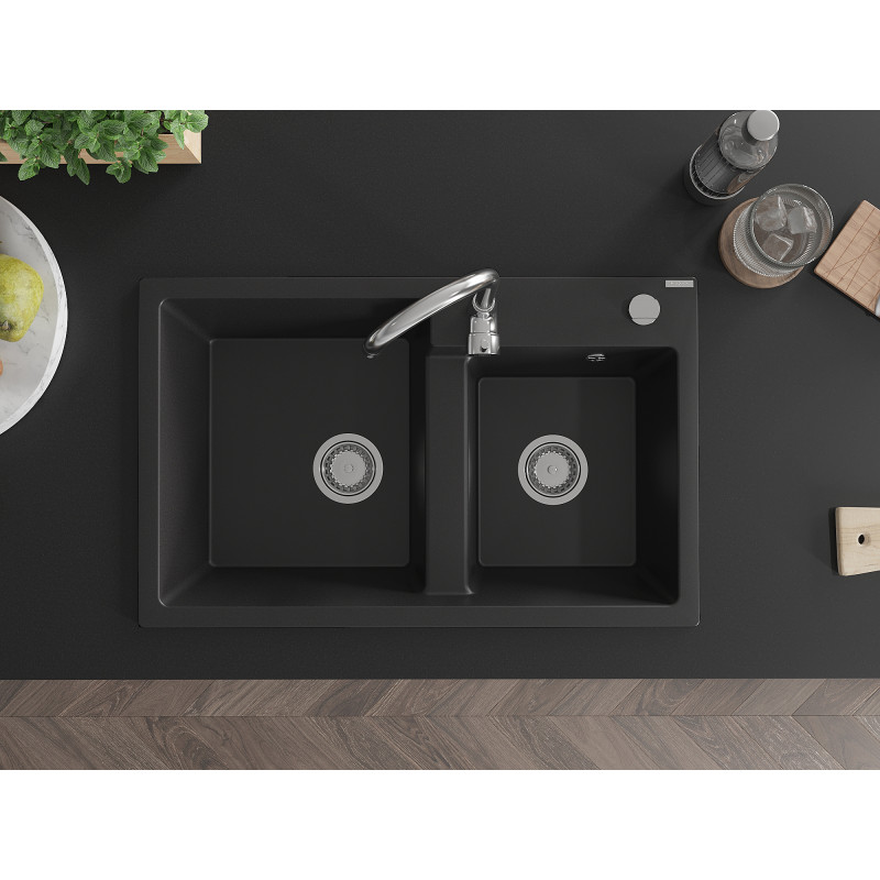 Mexen Tomas granite sink 2-chamber 800 x 500 mm, black, chrome siphon - 6516802000-77