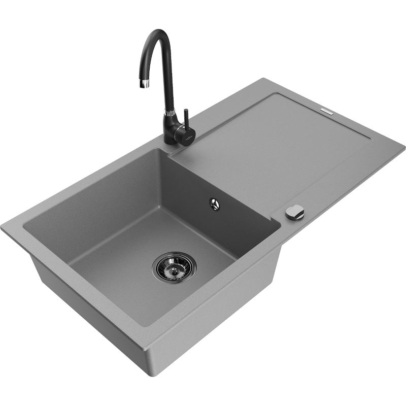 Mexen Leo 1-compartment granite sink with a drip tray and kitchen mixer tap Telma, Grey - 6501-71-670200-70-B