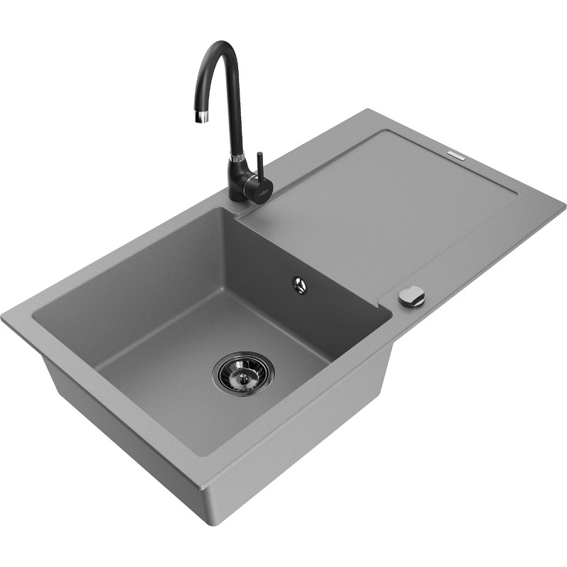 Mexen Leo granite sink with 1 bowl, drainer and Telma kitchen faucet, gray - 6501-71-670200-70-B