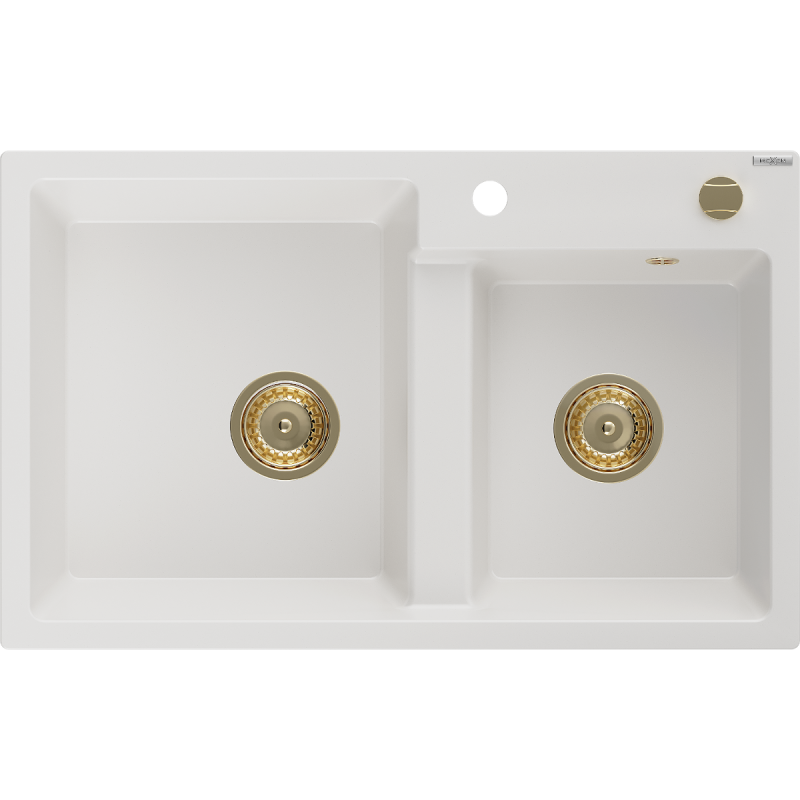 Mexen Tomas granite sink 2-bowl 800 x 500 mm, white, gold siphon - 6516802000-20-G