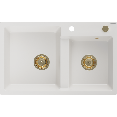 Mexen Tomas granite sink 2-bowl 800 x 500 mm, white, gold siphon - 6516802000-20-G