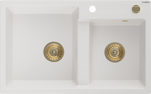 Mexen Tomas granite sink 2-bowl 800 x 500 mm, white, gold siphon - 6516802000-20-G