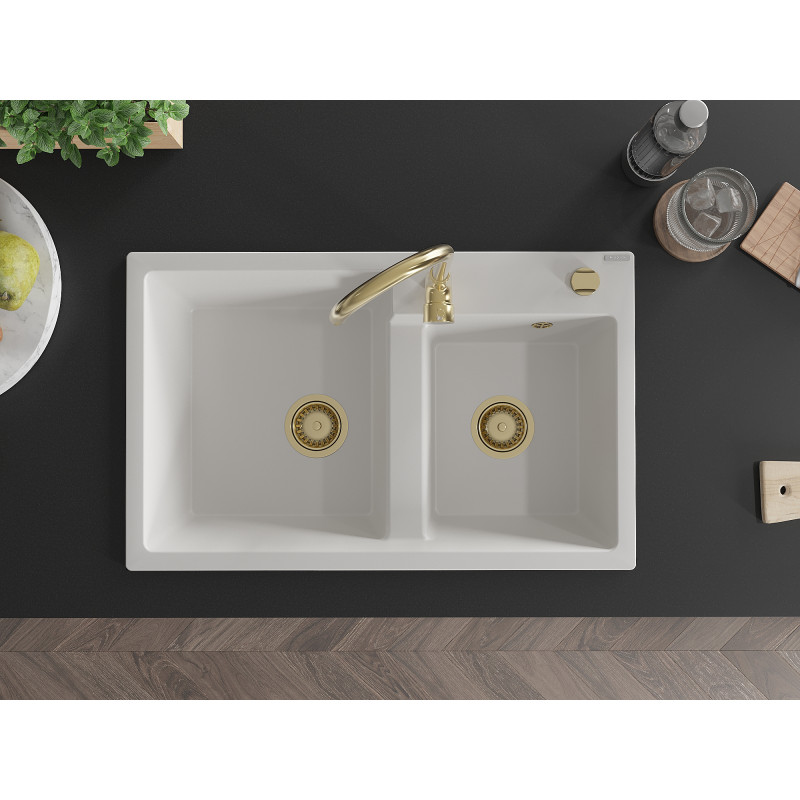 Mexen Tomas granite sink 2-bowl 800 x 500 mm, white, gold siphon - 6516802000-20-G