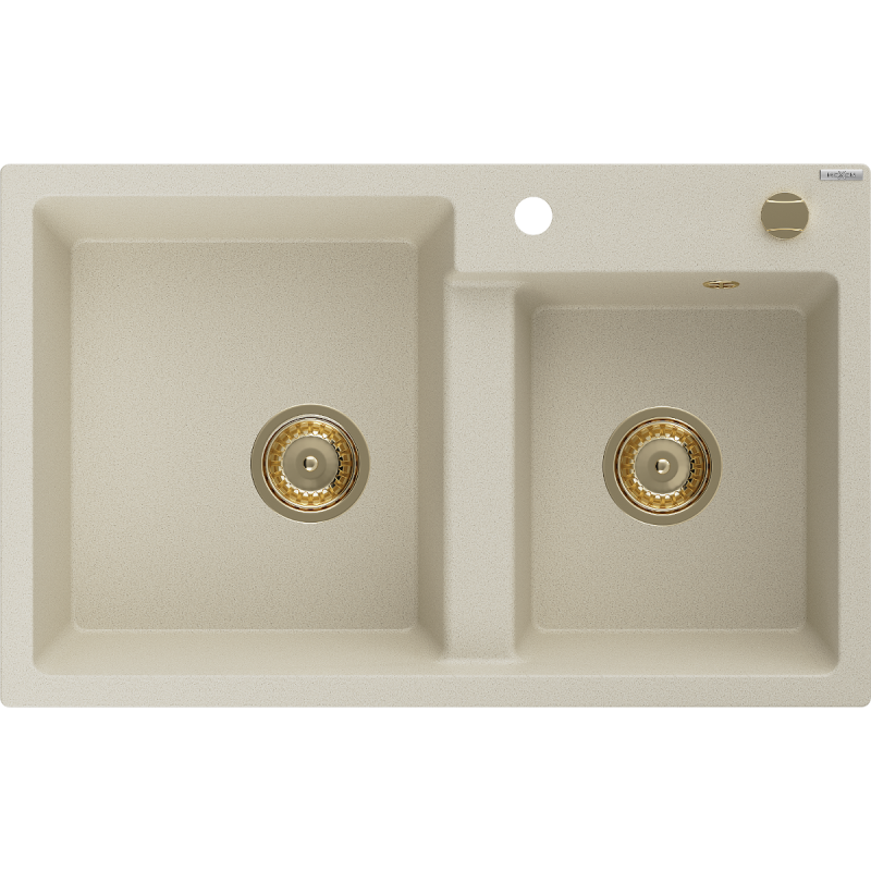 Mexen Tomas granite kitchen sink 2-bowl 800 x 500 mm, beige, gold siphon - 6516802000-69-G