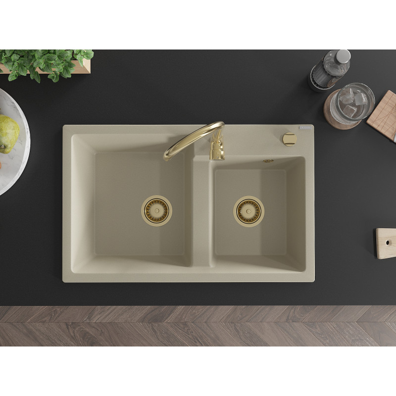 Mexen Tomas 2-bowl granite sink 800 x 500 mm, beige, gold siphon - 6516802000-69-G