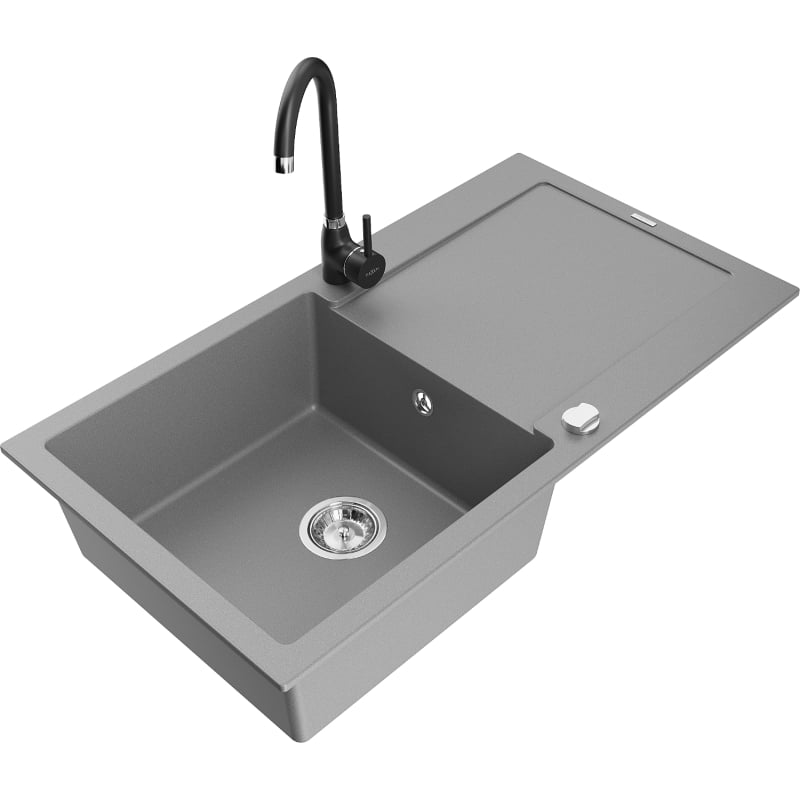 Mexen Leo granite kitchen sink 1-bowl with drainer and Telma kitchen faucet, gray - 6501-71-670200-70