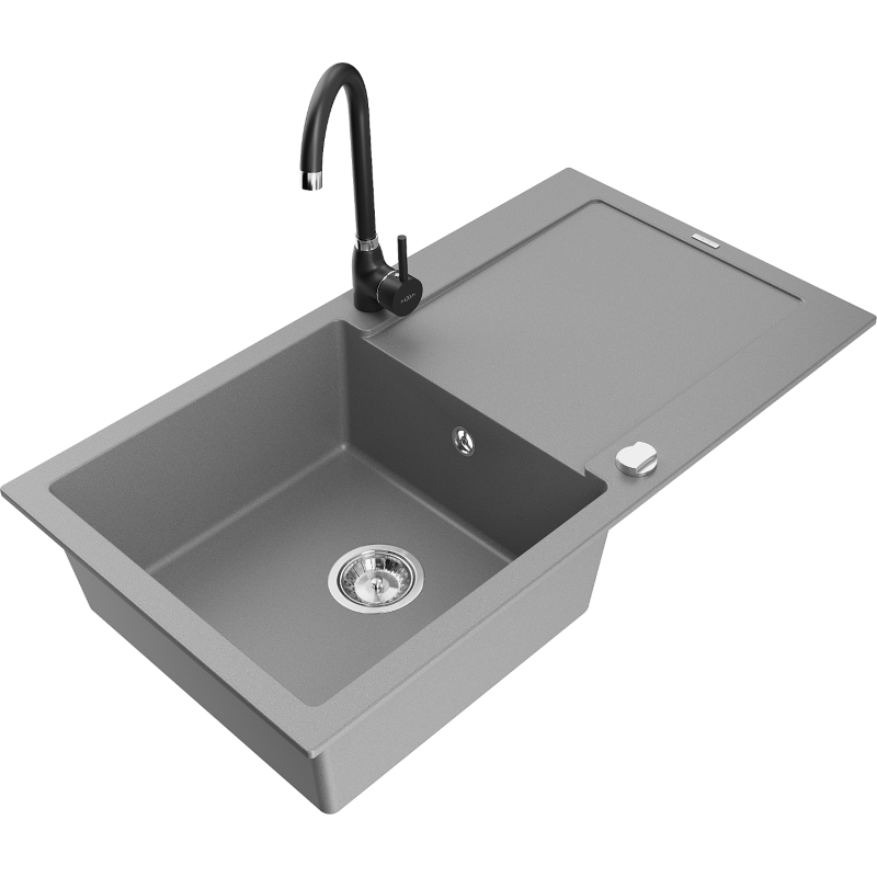 Mexen Leo granite sink 1-bowl with drainer and Telma kitchen tap, grey - 6501-71-670200-70