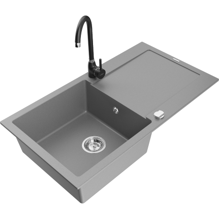 Mexen Leo granite kitchen sink 1-bowl with drainer and Telma kitchen faucet, gray - 6501-71-670200-70