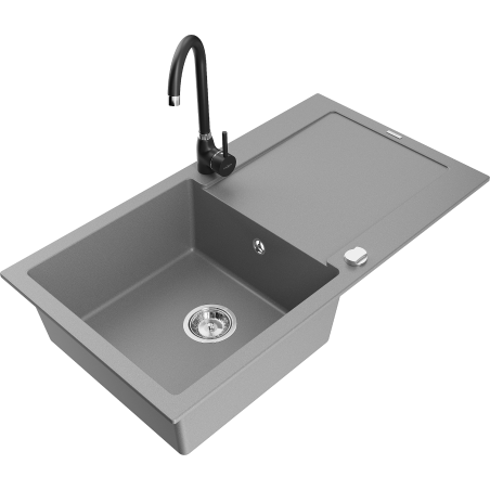 Mexen Leo granite sink 1-bowl with drainer and Telma kitchen faucet, gray - 6501-71-670200-70