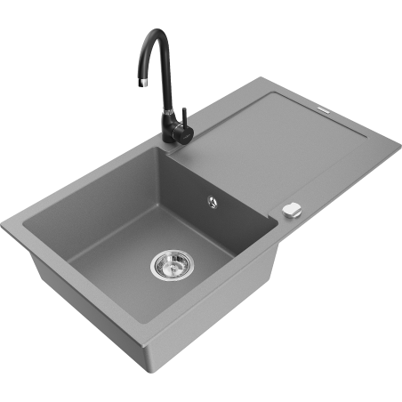 Mexen Leo granite sink 1-bowl with drainer and Telma kitchen tap, grey - 6501-71-670200-70