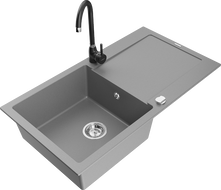 Mexen Leo granite kitchen sink 1-bowl with drainer and Telma kitchen faucet, gray - 6501-71-670200-70