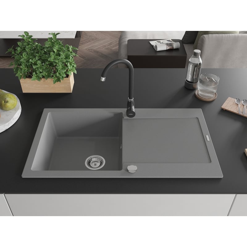 Mexen Leo granite kitchen sink 1-bowl with drainer and Telma kitchen faucet, gray - 6501-71-670200-70