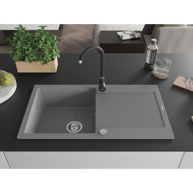 Mexen Leo granite sink 1-bowl with drainer and Telma kitchen faucet, gray - 6501-71-670200-70