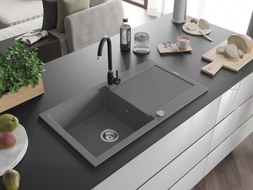 Mexen Leo granite kitchen sink 1-bowl with drainer and Telma kitchen faucet, gray - 6501-71-670200-70