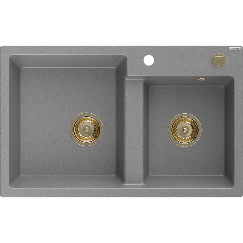 Mexen Tomas granite kitchen sink with 2 bowls 800 x 500 mm, gray, golden siphon - 6516802000-71-G