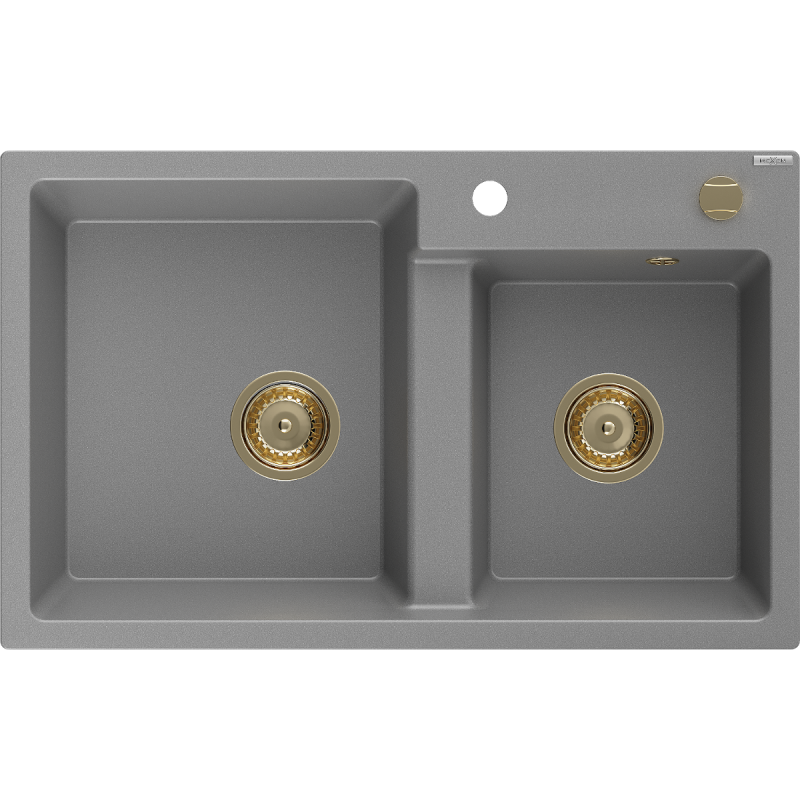 Mexen Tomas Granite Sink 2-Bowl 800 x 500 mm, Grey, Golden Siphon - 6516802000-71-G