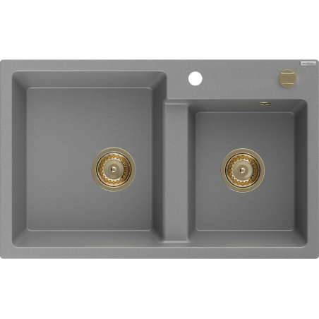 Mexen Tomas granite kitchen sink with 2 bowls 800 x 500 mm, gray, golden siphon - 6516802000-71-G