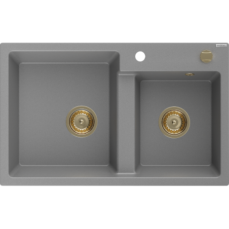 Mexen Tomas Granite Sink 2-Bowl 800 x 500 mm, Grey, Golden Siphon - 6516802000-71-G