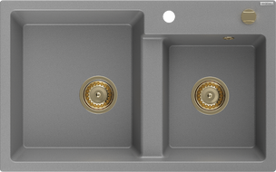 Mexen Tomas granite kitchen sink with 2 bowls 800 x 500 mm, gray, golden siphon - 6516802000-71-G