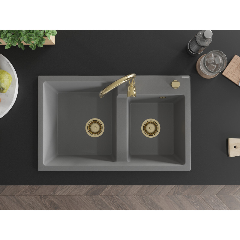 Mexen Tomas granite kitchen sink with 2 bowls 800 x 500 mm, gray, golden siphon - 6516802000-71-G
