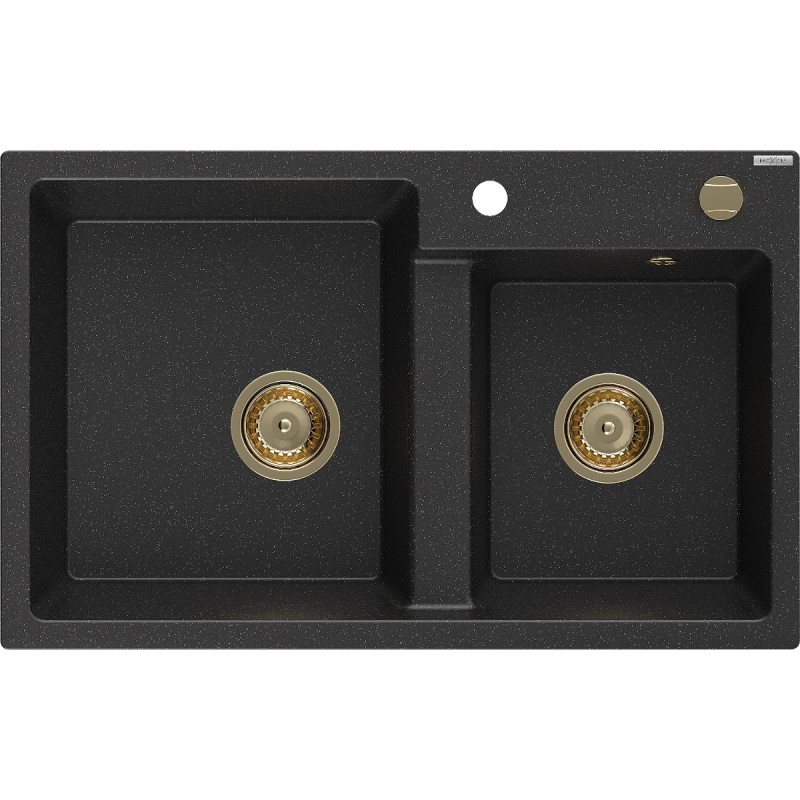 Mexen Tomas 2-bowl granite sink 800 x 500 mm, black/silver metallic, gold siphon - 6516802000-73-G