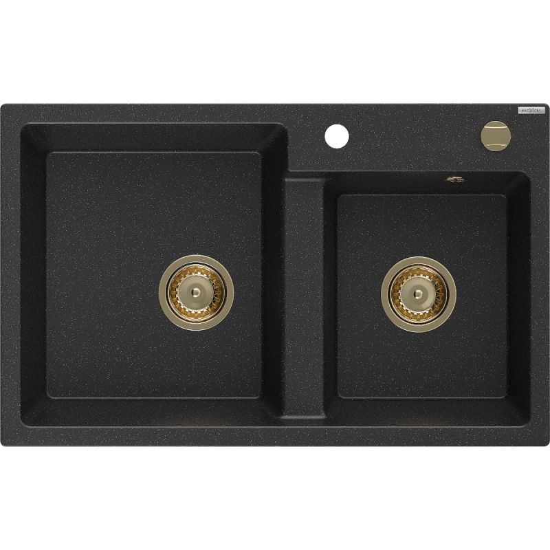 Mexen Tomas 2-compartment granite sink 800 x 500 mm, black/silver metallic, gold siphon - 6516802000-73-G