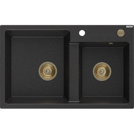 Mexen Tomas 2-compartment granite sink 800 x 500 mm, black/silver metallic, gold siphon - 6516802000-73-G