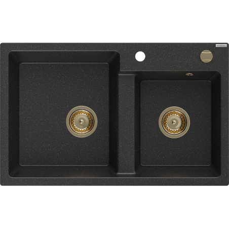 Mexen Tomas granite sink 2-chamber 800 x 500 mm, black/silver metallic, gold siphon - 6516802000-73-G