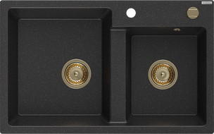 Mexen Tomas 2-compartment granite sink 800 x 500 mm, black/silver metallic, gold siphon - 6516802000-73-G