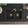 Mexen Tomas 2-compartment granite sink 800 x 500 mm, black/silver metallic, gold siphon - 6516802000-73-G