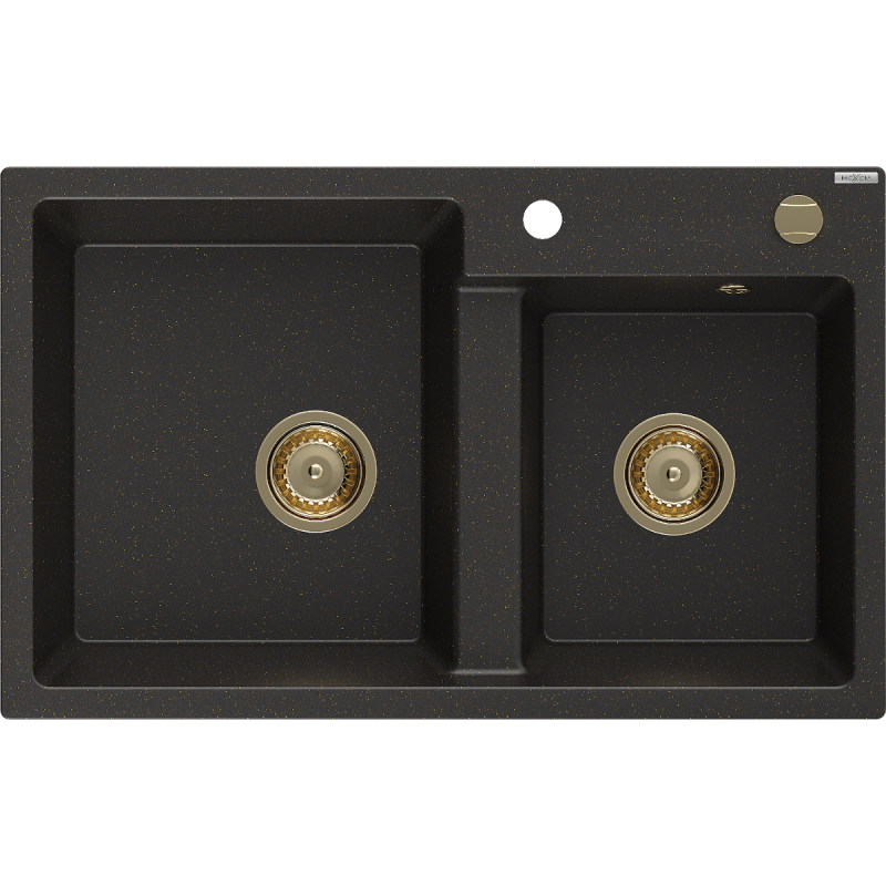 Mexen Tomas granite double sink 800 x 500 mm, black/gold metallic, gold siphon - 6516802000-75-G