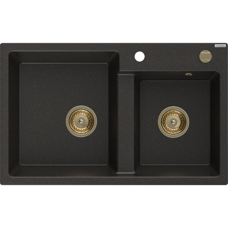 Mexen Tomas Granite Sink 2-Bowl 800 x 500 mm, Black/Gold Metallic, Gold Syphon - 6516802000-75-G