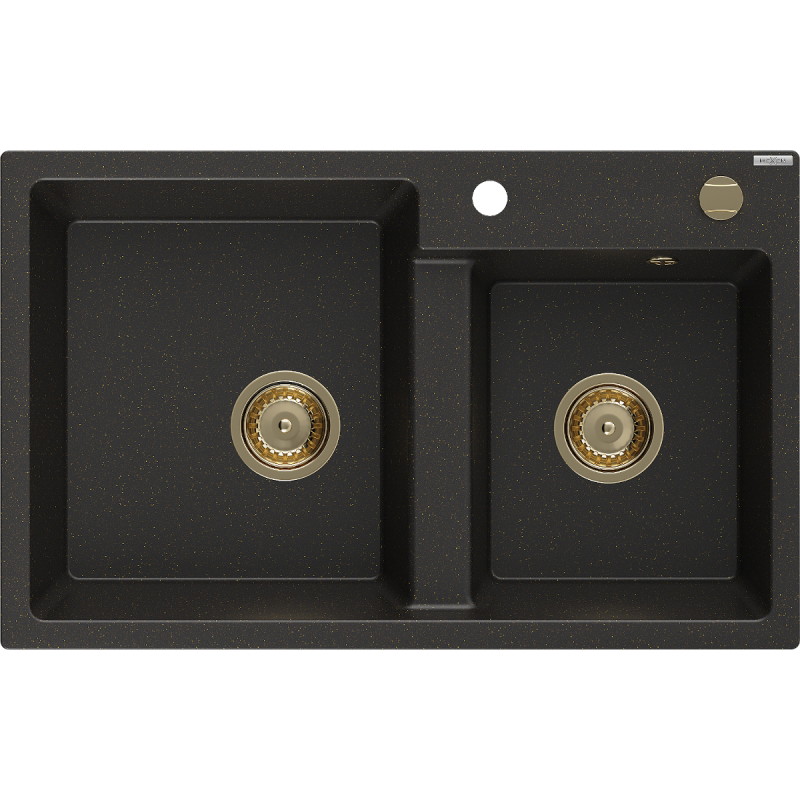 Mexen Tomas granite sink 2-chamber 800 x 500 mm, black/gold metallic, gold siphon - 6516802000-75-G