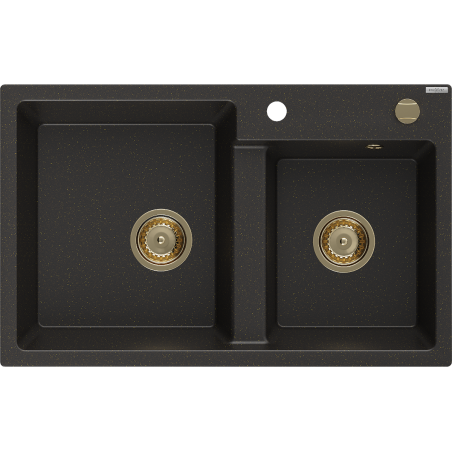 Mexen Tomas granite double sink 800 x 500 mm, black/gold metallic, gold siphon - 6516802000-75-G