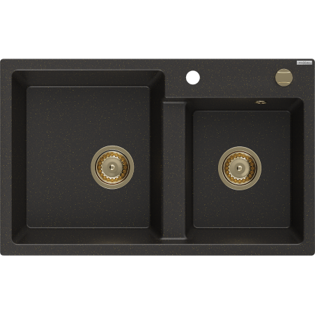 Mexen Tomas Granite Sink 2-Bowl 800 x 500 mm, Black/Gold Metallic, Gold Syphon - 6516802000-75-G