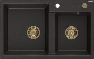 Mexen Tomas 2-compartment granite sink 800 x 500 mm, Black/Gold metallic, siphon Gold - 6516802000-75-G
