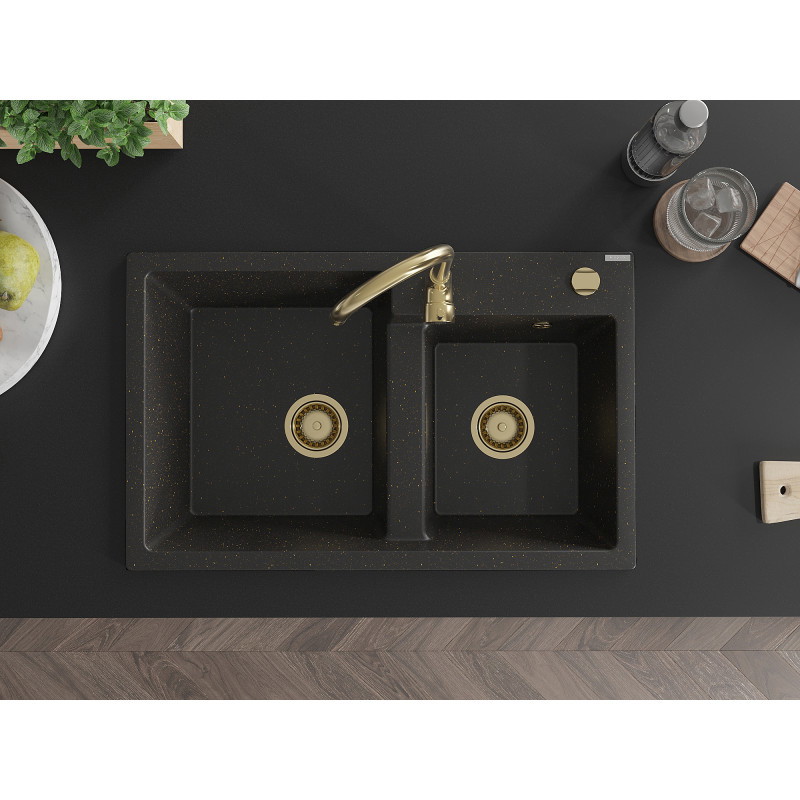 Mexen Tomas granite double sink 800 x 500 mm, black/gold metallic, gold siphon - 6516802000-75-G