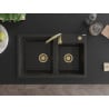 Mexen Tomas Granite Sink 2-Bowl 800 x 500 mm, Black/Gold Metallic, Gold Syphon - 6516802000-75-G