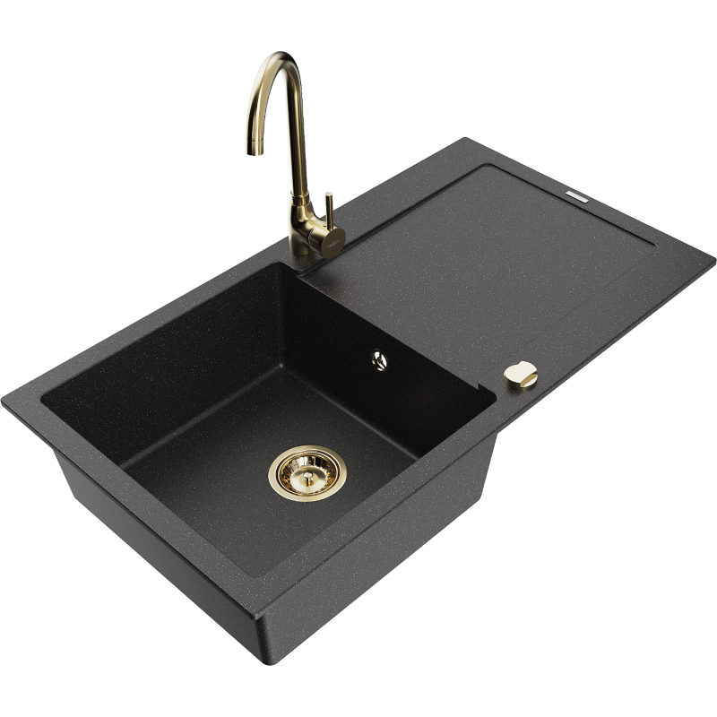 Mexen Leo 1-compartment granite sink with a drip tray and kitchen mixer tap Telma, Black/Silver metallic - 6501-73-670200-50