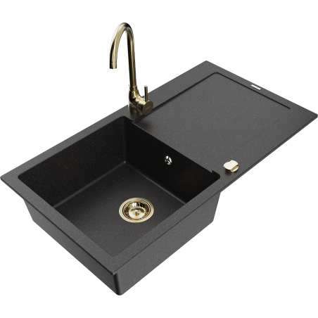 Mexen Leo granite kitchen sink 1-bowl with drainer and kitchen faucet Telma, black/silver metallic - 6501-73-670200-50