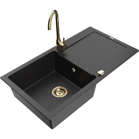 Mexen Leo granite kitchen sink 1-bowl with drainer and Telma kitchen faucet, black/silver metallic - 6501-73-670200-50