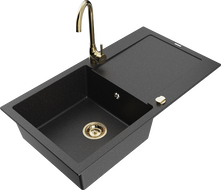 Mexen Leo granite sink 1-bowl with drainer and Telma kitchen tap, black/silver metallic - 6501-73-670200-50