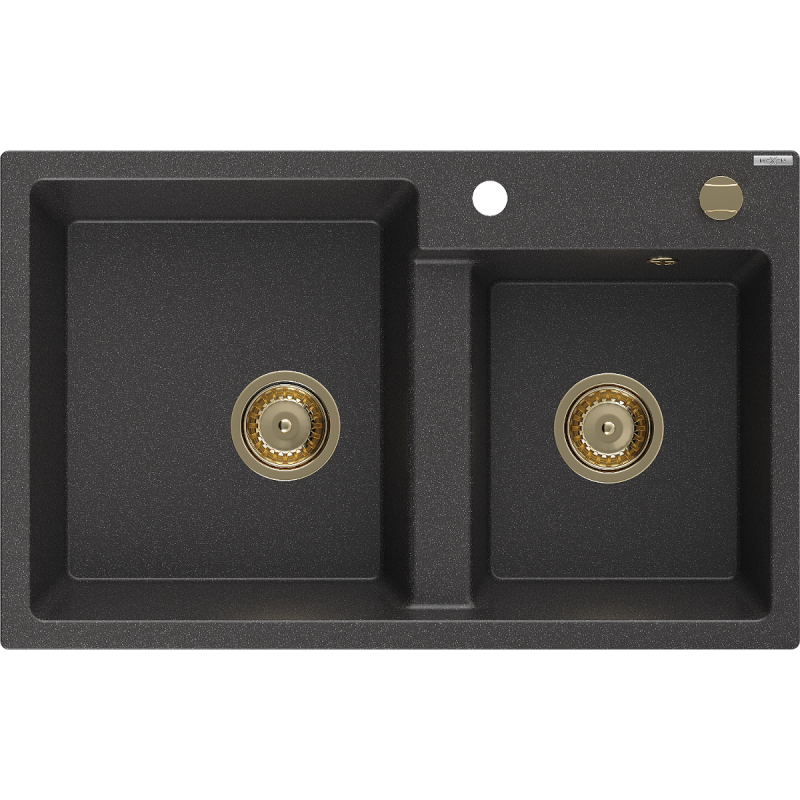 Mexen Tomas granite double bowl sink 800 x 500 mm, black speckled, gold siphon - 6516802000-76-G